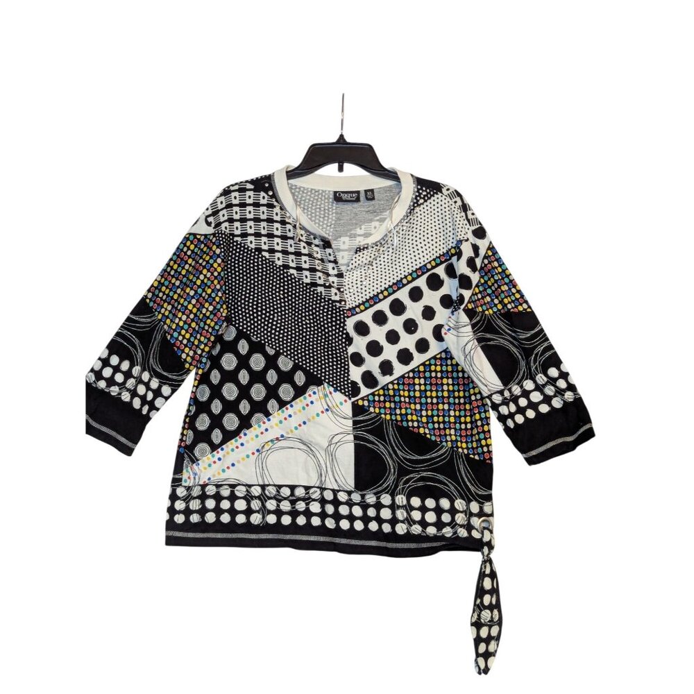 Onque Casual Womens XL Printed Tunic Top With Grommet Detail & Tie Hem Black/Whi